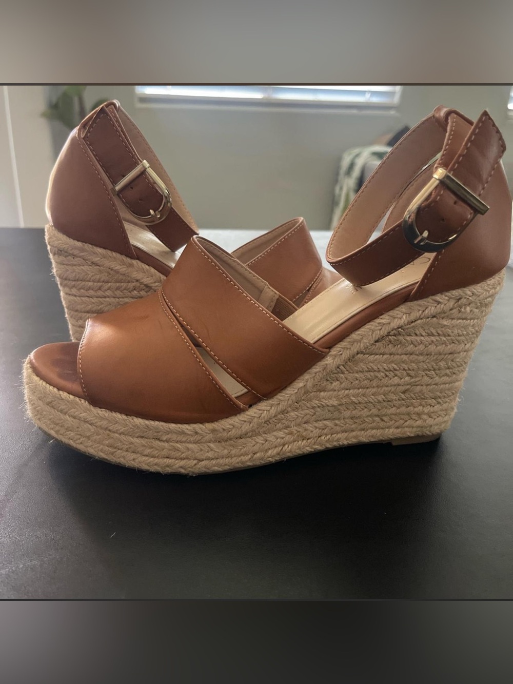 Catherine Malandrino Brown Espadrille Wedge Sandals with Ankle Buckle